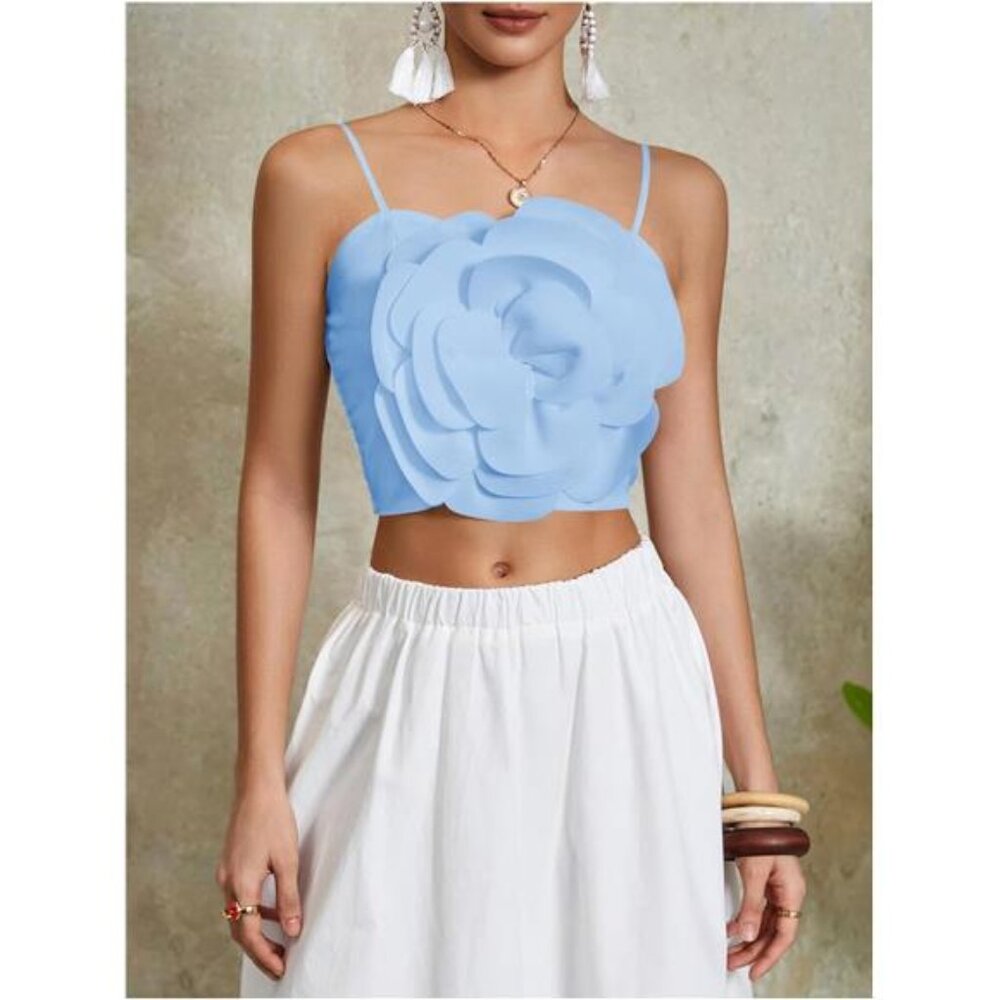 Women’s Floral Applique Cami Crop Top | Adjustable Spaghetti Strap Sleeveless